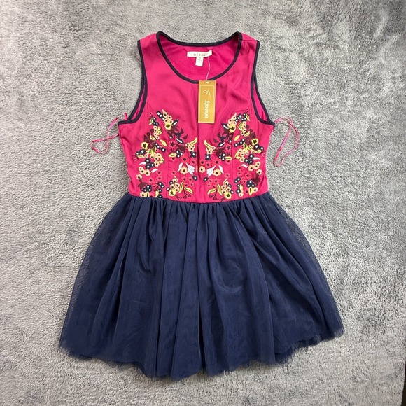 miami Dresses & Skirts - Mi Ami Embroidered Floral Dress S Sleeveless Pink Navy Tulle A-Line NWT